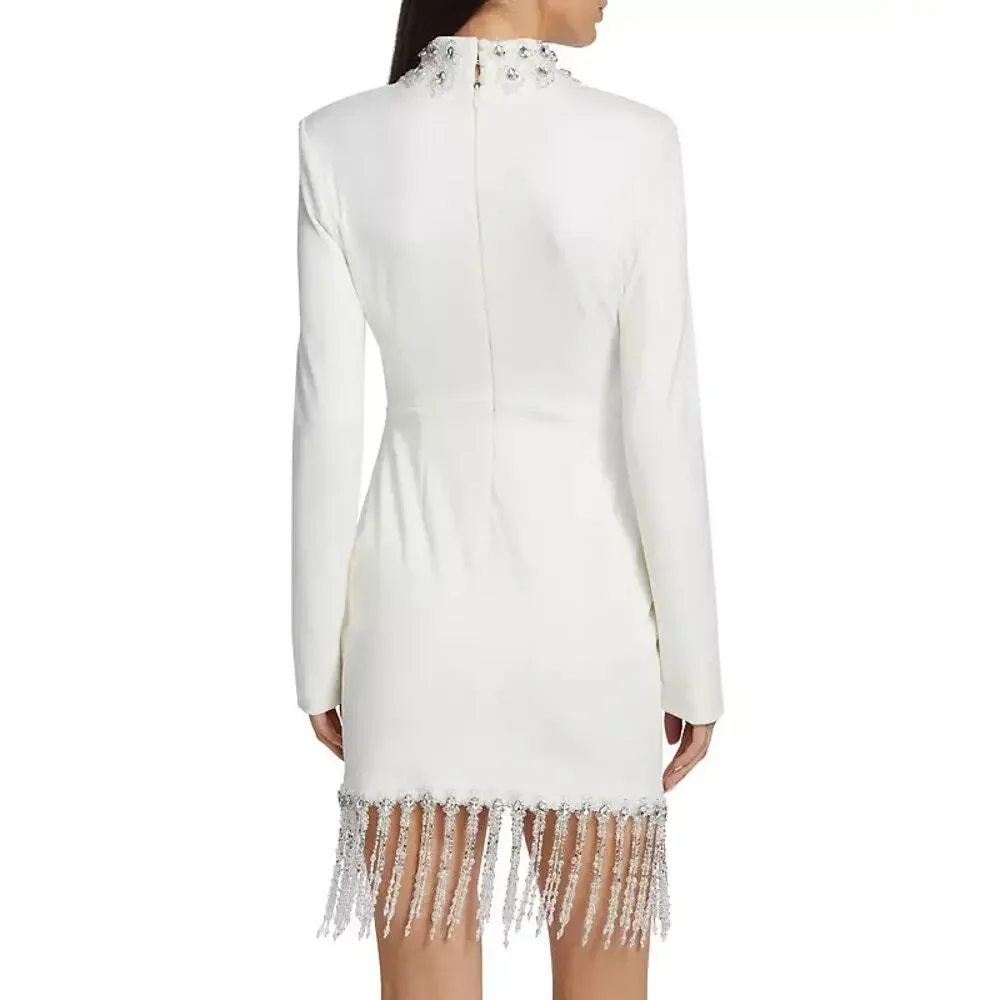 PatBO Hand Crystal Beaded High Neck Long Sleeve Mini Dress